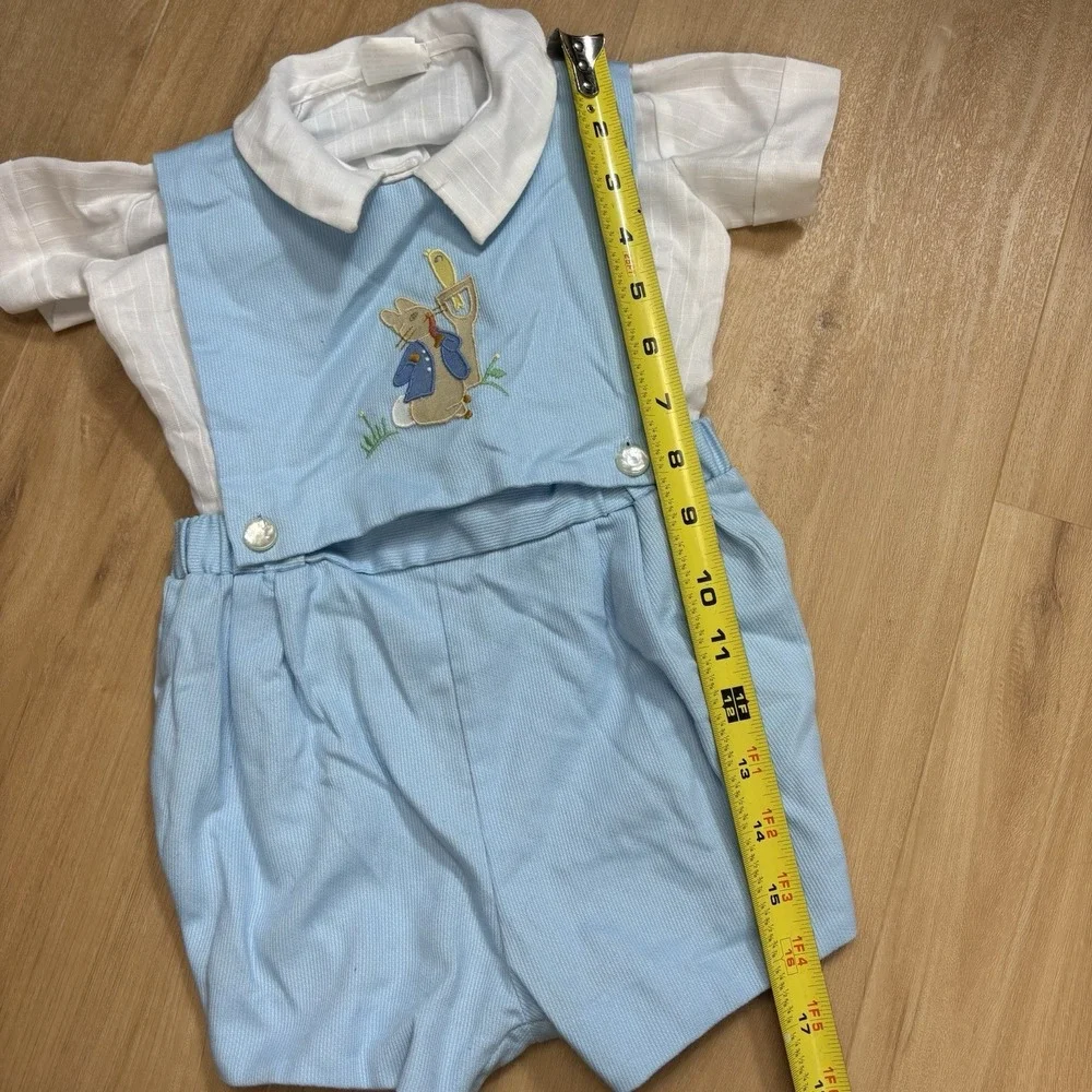 Vintage Nannette Boys 18 Month Peter Rabbit Shortall Outfit Blue Button Shirt